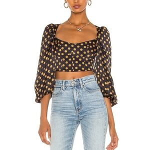 For Love & Lemons Polka Dot Puff Sleeve‎ Keyhole Back Crop Top Women's Size M